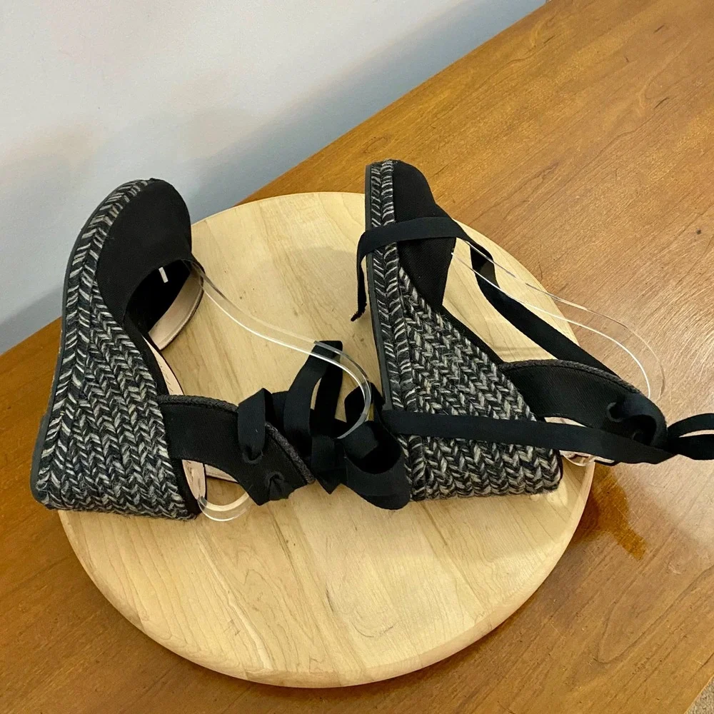 Stuart Weitzman Marguerita Espadrille Wedge Sandals Black Ankle Tie Wrap Sz 8.5C